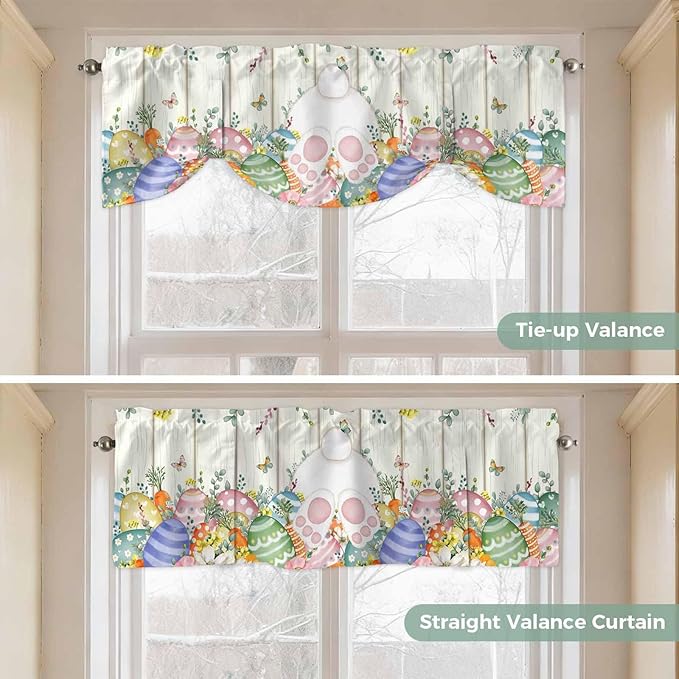 Easter Tie Up Valance Curtains for Windows, Kitchen Curtains Window Shades, Spring Rabbit Ears Foot Colorful Eggs Leaf Floral Light Filtering Roman Curtain Valances for Bedroom/Bathroom/Cafe 42"x18"