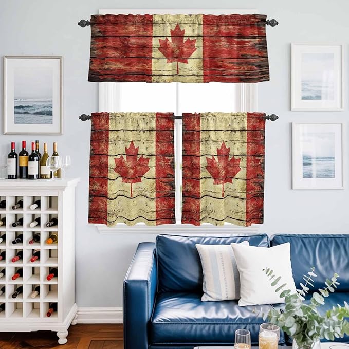 Kitchen Curtains Tiers and Valance Set of 3, Canada Light Filtering Window Curtain Set, Red Maple Leaf Flag Farmhouse Shabby Wooden Grain Rod Pocket Curtain Drapes for Living Room, 36 Inches Tiers