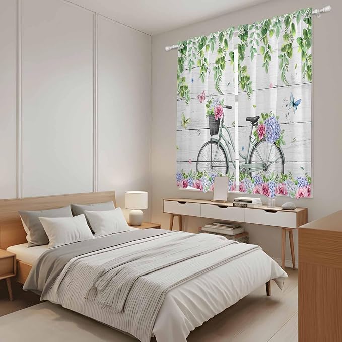 Spring Kitchen Curtains, Bicycles Botanical Rose Leaves Butterfly Wood Grain Light Filtering Window Curtain Panels, 2Pcs Rod Pocket Window Treatments Set for Living Room Bathroom Bedroom 42x63 Inches