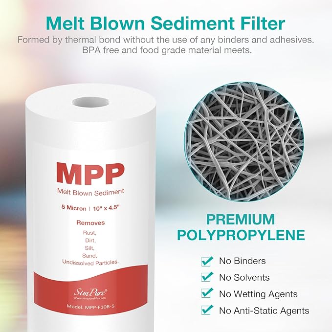SimPure Whole House Water Filter Cartridges 5 Micron 10" x 4.5" PP+CTO 2-Stage Sediment and Carbon Filter Set, for DB10C-2, DB10P, GE FXHTC, GXWH40L, WGB21B, FP15B, FC15B, 1 Set