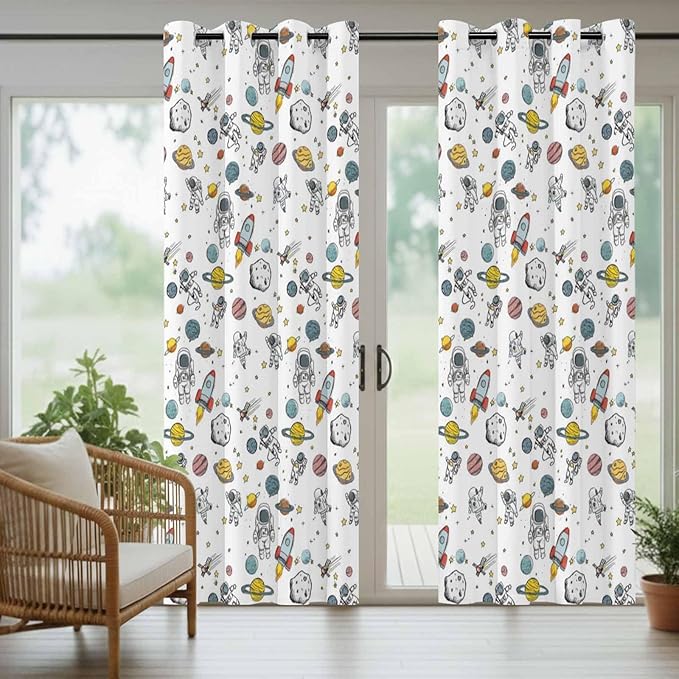 Cartoon Space Outdoor Curtains for Patio Astronauts Spacecraft Rockets Waterproof Outside Curtains with Grommet Top Weatherproof Curtain for Cabana Pergola Gazebo, 1 Panel, 54" W x 108" L