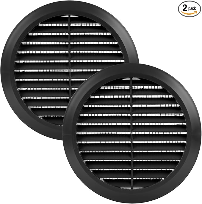 Vent Systems 5'' Inch - Black - Pack of 2 - Soffit Vent Cover - Round Air Vent Louver - Grill Cover - Built-in Insect Screen - HVAC Vents for Bathroom, Home Office, Kitchen