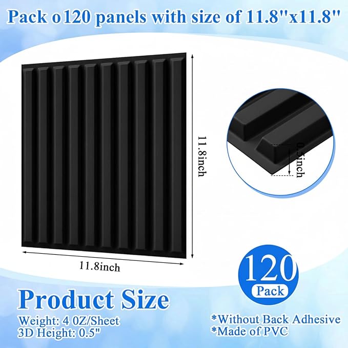 Nuanchu 120 Pcs 3D Slat Wall Panels 12 x 12 Inch PVC Fluted Textured Panel Cuttable Paintable DIY Wall Art Decorative Tiles for Ceiling Studio Bathroom Interior TV Background (Black)