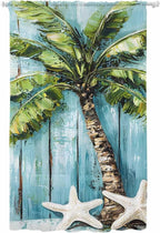Sheer Curtains 96 Inches Long, Coastal Beach Starfish Semi Sheer Curtains Light Filtering Window Treatment, Blue Green Tropical Palm Tree Wood Grain Privacy Voile Drapes for Living Room 52x96 Inch