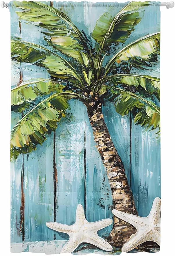 Sheer Curtains 108 Inches Long, Coastal Beach Starfish Semi Sheer Curtains Light Filtering Window Treatment, Blue Green Tropical Palm Tree Wood Grain Privacy Voile Drapes for Living Room 52x108 Inch