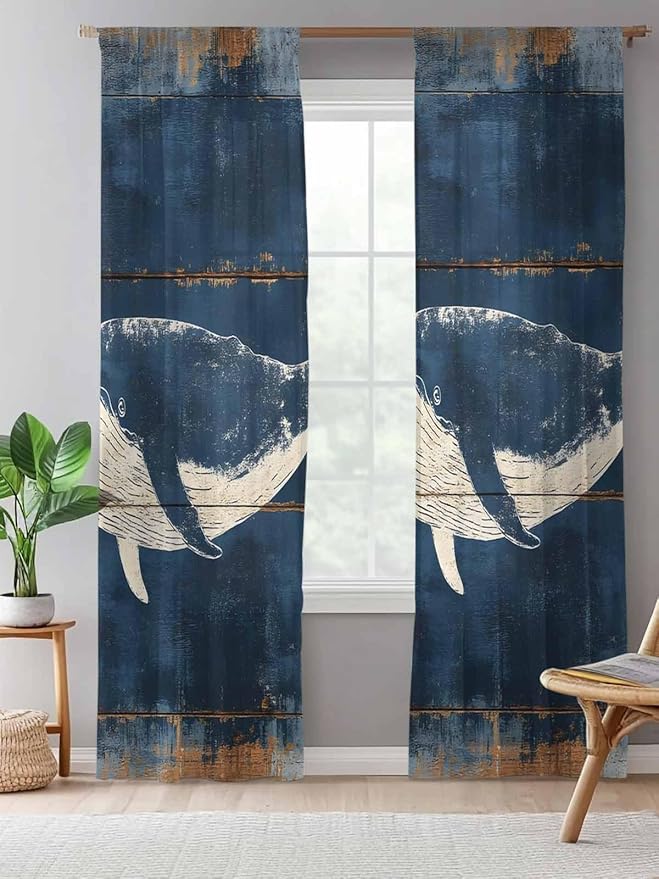 Sheer Curtains 108 Inches Long, Summer Whale Blue Semi Sheer Curtains Light Filtering Window Treatment, Coastal Ocean Vintage Wooden Grain Privacy Voile Drapes for Living Room Bedroom 52x108 Inch