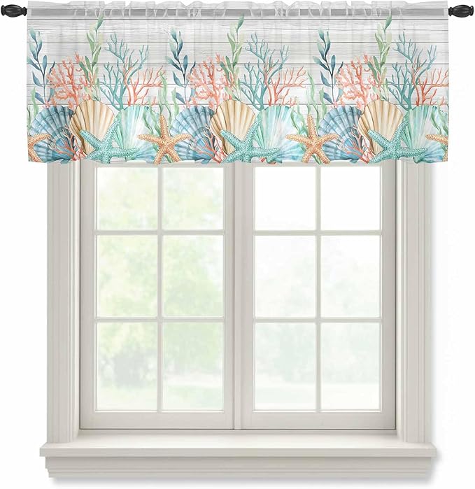 Summer Beach Sheer Valance Curtains, Ocean Colorful Coral Shell Seaweed Starfish Wood Grain Light Filtering Kitchen Valances Rod Pocket Voile Curtain Treatment for Bedroom/Living Room/Basement 42Wx18L