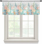 Summer Beach Sheer Valance Curtains, Ocean Colorful Coral Shell Seaweed Starfish Wood Grain Light Filtering Kitchen Valances Rod Pocket Voile Curtain Treatment for Bedroom/Living Room/Basement 54Wx18L