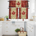 Kitchen Curtains Tiers and Valance Set of 3, Canada Light Filtering Window Curtain Set, Red Maple Leaf Flag Farmhouse Shabby Wooden Grain Rod Pocket Curtain Drapes for Living Room, 24 Inches Tiers