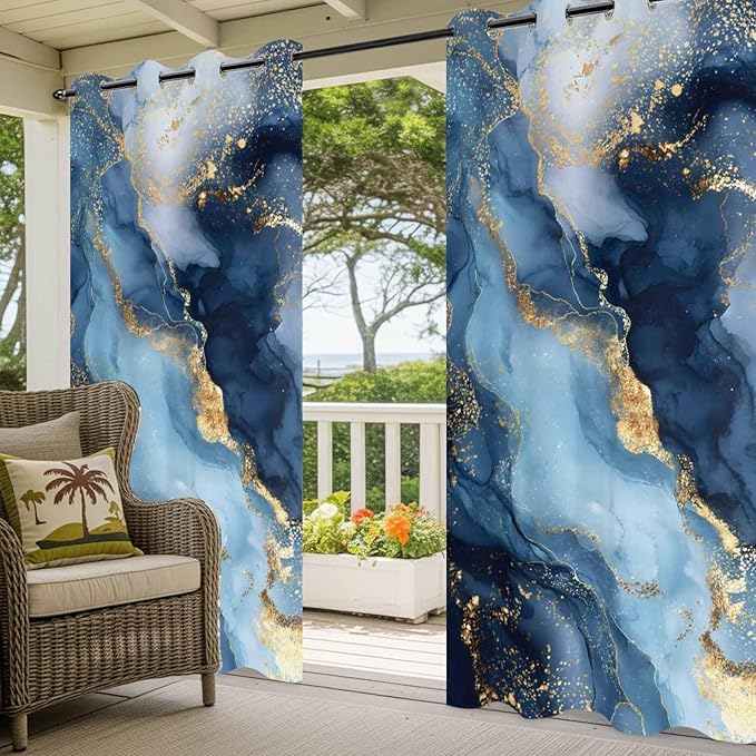 Marble Texture Outdoor Curtains for Patio Abstract Gradient Blue Golden Gorgeous Waterproof Outside Curtains with Grommet Top Weatherproof Curtain for Cabana Pergola Gazebo, 1 Panel, 54" W x 95" L