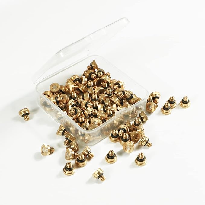 KUWAN 0.016" Orifice (0.4mm) Thread UNC 10/24 Brass Misting Nozzles Low Pressure Atomizing Misting Sprayer Water Hose Nozzle for Greenhouse, Landscaping, Outdoor Cooling Mister System (100PCS)