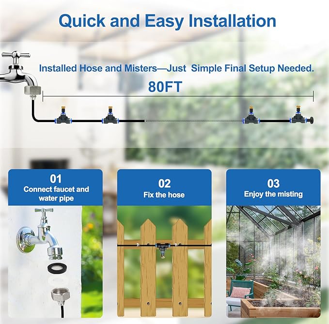 Pre-Assembled Misters for Outside Patio,Outdoor Water Misting Cooling System,80FT|24M.Backyard Mist Kit for Garden,Greenhouse,Deck,Umbrella,Canopy,Pool,Porch.Trampoline Sprinkler,Party Accessories