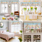 Kitchen Valances for Window, Spring Easter Eggs Rabbit Flower Light Filtering Rod Pocket Valance Curtain, Plant Colorful Wood Grain Short Curtains Window Topper for Bedroom Living Room 42x12in