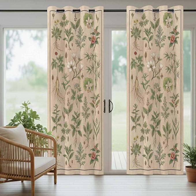 Vintage Outdoor Curtains for Patio Grass Herbal Botanical Garden Plants Waterproof Outside Curtains with Grommet Top Weatherproof Curtain for Cabana Pergola Gazebo, 1 Panel, 54" W x 84" L