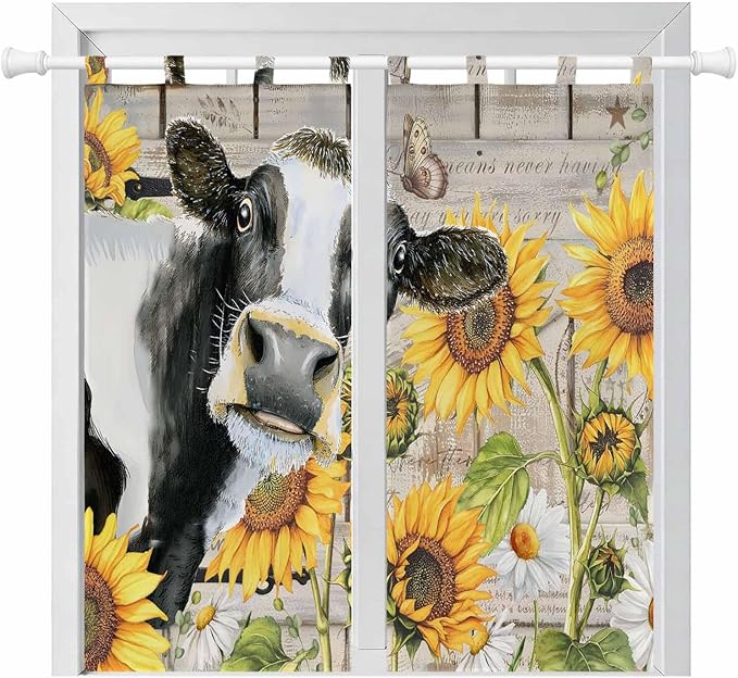 Yellow Sunflowers Living Room Curtains 84 Inch Length, Window Curtains Tab Top, Farmhouse Cow Barn Doors Floral Butterfly Light Filtering Window Treatments Drapes 42"x84" 2 Panel
