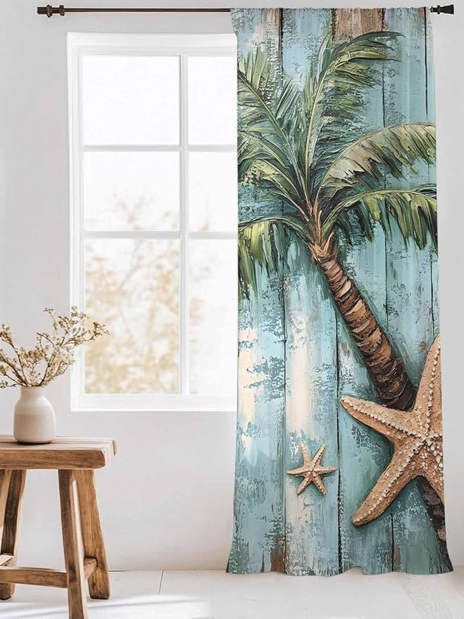 Sheer Curtains 96 Inches Long, Coastal Blue Green Tree Semi Sheer Curtains Light Filtering Window Treatment, Beach Tropical Vintage Wood Grain Privacy Voile Drapes for Living Room Bedroom 52x96 Inch