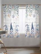 Sheer Curtains 63 Inch Length, Coastal Eucalyptus Leaf Semi Sheer Curtains Light Filtering Window Treatment, Ocean Blue Gnomes Starfish Wood Grain Privacy Voile Drapes for Living Room 52x63 Inch