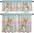 Kitchen Curtains Tiers and Valance Set of 3, Easter Light Filtering Window Curtain Set, Spring Rabbit Eggs Floral Colorful Wooden Grain Rod Pocket Curtain Drapes for Cafe, Living Room, 24 Inches Tiers