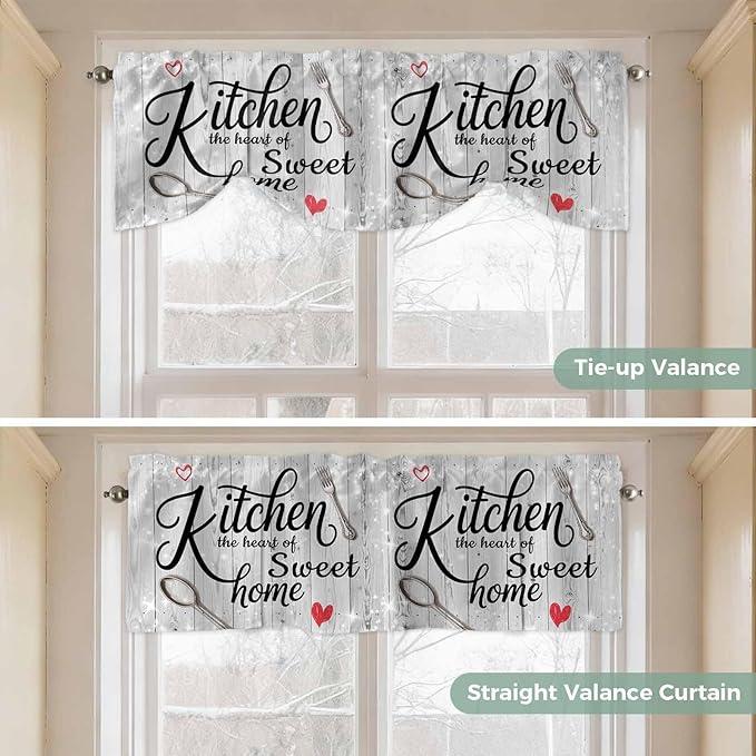 Kitchen Knife Fork Tie Up Valance Curtains for Windows, Kitchen Curtains Window Shades, Vintage Love Heart Grey Wood Grain Light Filtering Roman Curtain Valances for Bedroom/Bathroom/Cafe 54"x18"