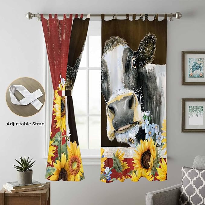 Cows Sunflowers Living Room Curtains 96 Inch Length, Window Curtains Tab Top, Rustic Farms Barns Flowers Bees Animals Light Filtering Window Treatments Drapes 52"x96" 2 Panel