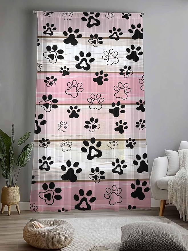 Sheer Curtains 108 Inches Long, Pink Beige Paw Print Semi Sheer Curtains Light Filtering Window Treatment, Vintage Farmhouse Country Wooden Grain Privacy Voile Drapes for Living Room 52x108 Inch
