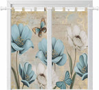Spring Flowers Bathroom Curtains 63 Inch Length, Window Curtains Tab Top, Vintage Rustic Tulips Floral Butterfly Khaki Light Filtering Window Treatments Drapes 52"x63" 2 Panel