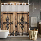 Wood Barn Door No Hook Shower Curtain with Snap in Liner Set, Waterproof Shower Curtains for Bathroom, Wooden Plank Fabric Shower Curtain, See Through Mesh Top Window, 72" W x 72" L