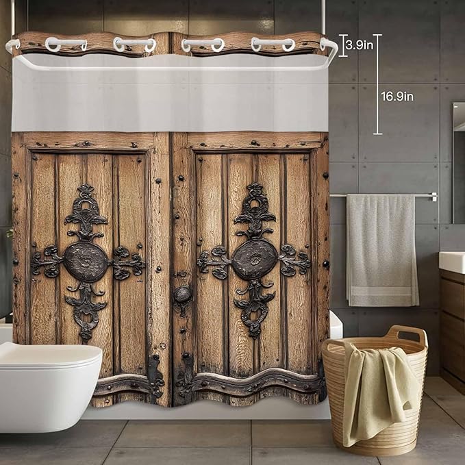 Wood Barn Door No Hook Shower Curtain with Snap in Liner Set, Waterproof Shower Curtains for Bathroom, Wooden Plank Fabric Shower Curtain, See Through Mesh Top Window, 66" W x 72" L