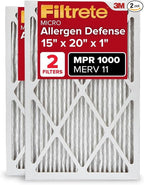 Filtrete 15x20x1 AC Furnace Air Filter, MERV 11, MPR 1000, Micro Allergen Defense, 3-Month Pleated 1-Inch Electrostatic Air Cleaning Filter, 2 Pack (Actual Size 14.81x19.81x0.81 in)