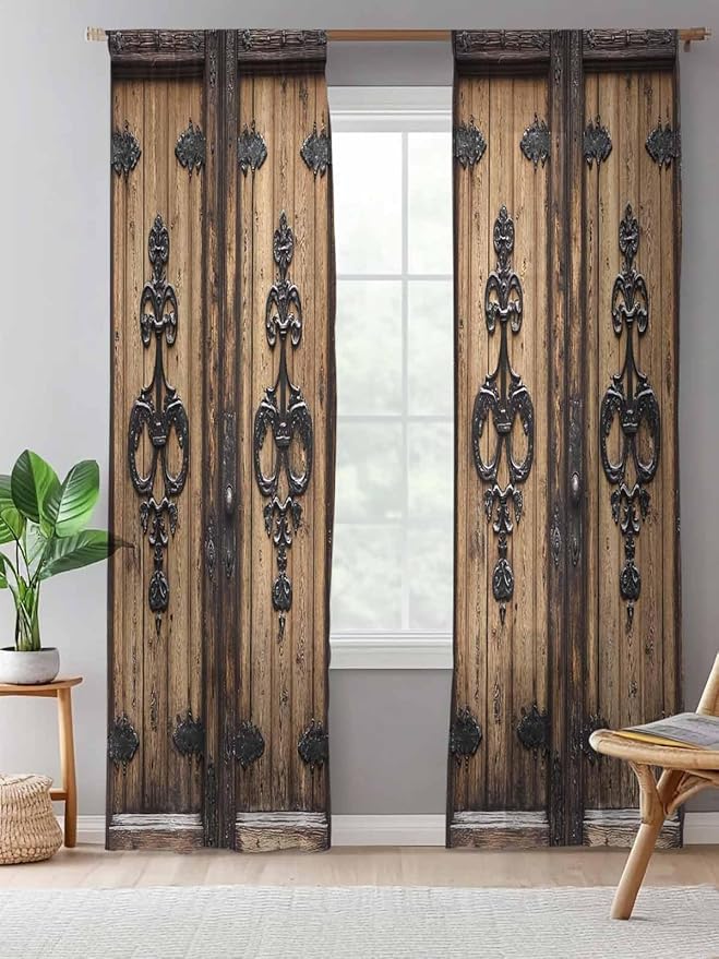 Sheer Curtains 96 Inches Long, Barn Door Semi Sheer Curtains Light Filtering Window Treatment, Farmhouse Wooden Grain Rustic Tribal Pattern Privacy Voile Drapes for Living Room Bedroom 52x96 Inch