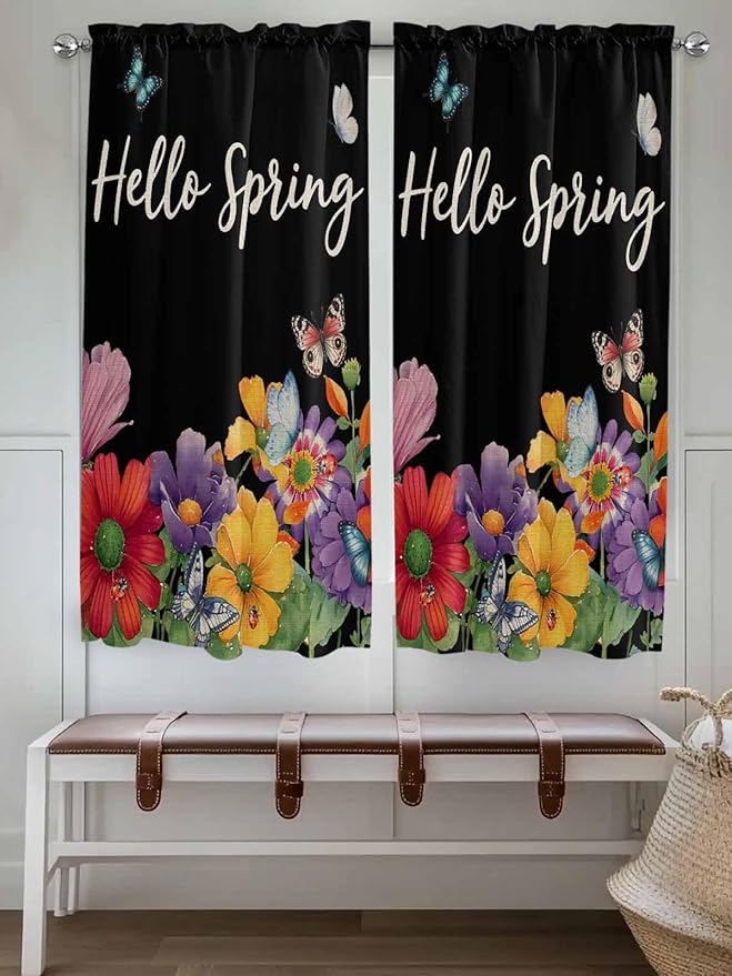 Spring Flowers Bedroom Curtains 63 Inches length, Watercolor Country Colorful Floral Black Window Treatment Curtain Drapes, Rod Pocket Curtain Panels for Living Room Kitchen, 42"x63", 2 Panels