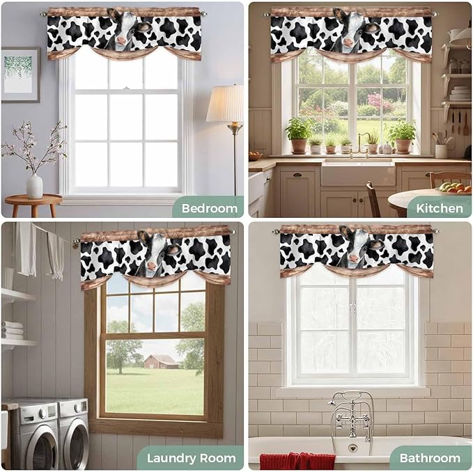 Cow Printed Tie Up Valance Curtains for Windows, Kitchen Curtains Window Shades, Farmhouse Watercolor Country Wooden Grain Light Filtering Roman Curtain Valances for Bedroom/Bathroom/Cafe 54"x18"