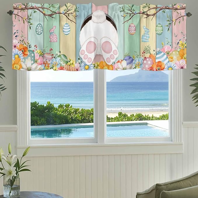 Easter Curtain Valances for Windows, Kitchen Valance Window Treatment, Spring Colorful Bunny Eggs Flower Wood Grain Light Filtering Block Curtains for Bathroom/Bedroom/Living Room 42'' x 18''