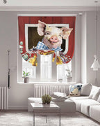 Tie Up Curtains for Windows, Pig Sunflowers Adjustable Balloon Nature Linen Textured Kitchen Curtain, Eucalyptus Leaves Floral Bees Red Barn Decorative Tie Up Curtain for Window, 52" x 45"