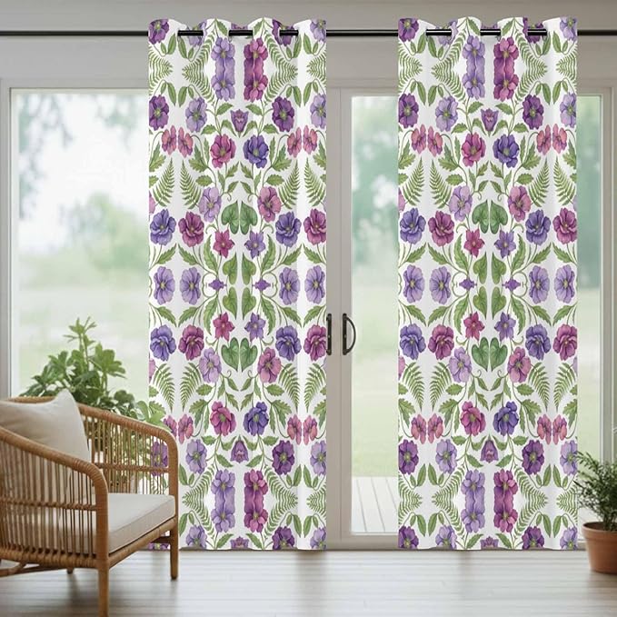 Flowers Outdoor Curtains for Patio Summer Floral Pastoral Farmhouse Plant Waterproof Outside Curtains with Grommet Top Weatherproof Curtain for Cabana Pergola Gazebo, 2 Pack, 54" W x 95" L