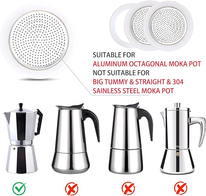 2 Pcs Filter with 3 Pcs Silicone Gasket Seals for 6 Cup Stovetop Espresso Coffee Maker Replacement Parts for DITOSH Aluminium Moka Pot