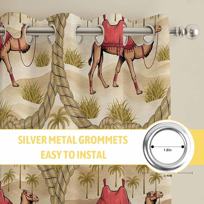 2 Panel Kitchen Cafe Curtains, Desert Camels Sunlight Filtering Nature Air Through, Home Decor Window Covering Tier Curtains for Living Room 104W x 63L inch Tropical Palm Trees Sand Cords Brown