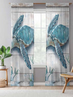 Sheer Curtains 96 Inches Long, Teal Green Sea Turtle Semi Sheer Curtains Light Filtering Window Treatment, Summer Ocean Seaweed Wood Grain Privacy Voile Drapes for Living Room Bedroom 52x96 Inch