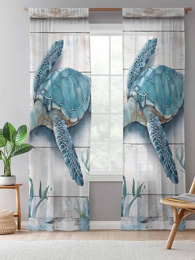 Sheer Curtains 84 Inches Long, Teal Green Sea Turtle Semi Sheer Curtains Light Filtering Window Treatment, Summer Ocean Seaweed Wood Grain Privacy Voile Drapes for Living Room Bedroom 52x84 Inch
