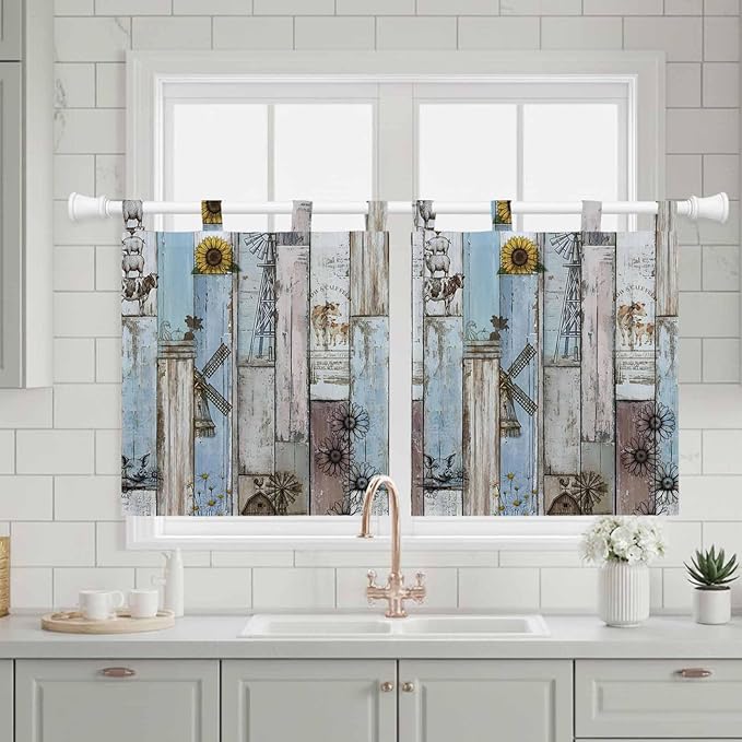 Blue Grey Wooden Kitchen Curtains 24 Inch Length, Small Window Curtains Tab Top, Farmhouse Barn Sunflowers Retro Light Filtering Short Window Treatments Tier Drapes 27.5"x24" 2 Panel