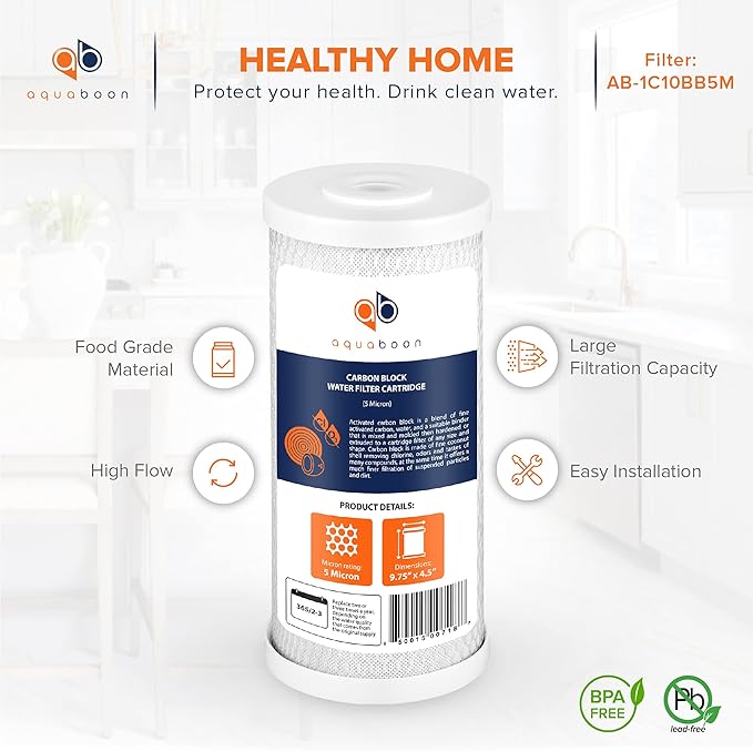 Aquaboon 5 Micron 10x4.5 Carbon Block Water Filters Whole House CTO Water Filter Replacement Cartridge Compatible with FXHTC, CB-BB-10, EP-BB, 2-Pack