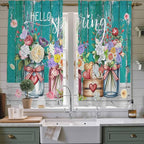 Spring Flowers Kitchen Curtains, Farmhouse Watercolor Teal Wood Grain Light Filtering Window Curtain Panels, 2Pcs Rod Pocket Window Treatments Set for Living Room Bathroom Bedroom 42x63 Inches