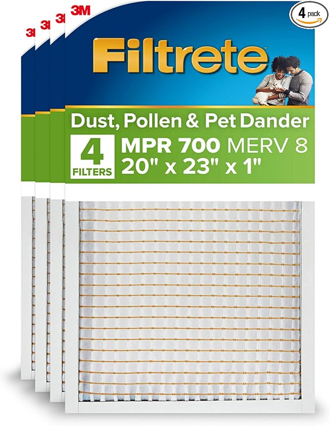 Filtrete 20x23x1 AC Furnace Air Filter, MPR 700, MERV 8, Tough on Pollen, Easy on Airflow, 3-Month Pleated 1-Inch Electrostatic Air Cleaning Filter, 4-Pack (Actual Size 19.69 x 22.69 x 0.81 in)