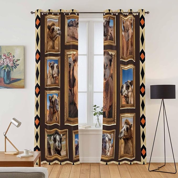 2 Panel Kitchen Cafe Curtains, Wildlife Camels Sunlight Filtering Nature Air Through, Home Decor Window Covering Tier Curtains for Living Room 104W x 96L inch Deserts Animals Brown Geometric Rustic