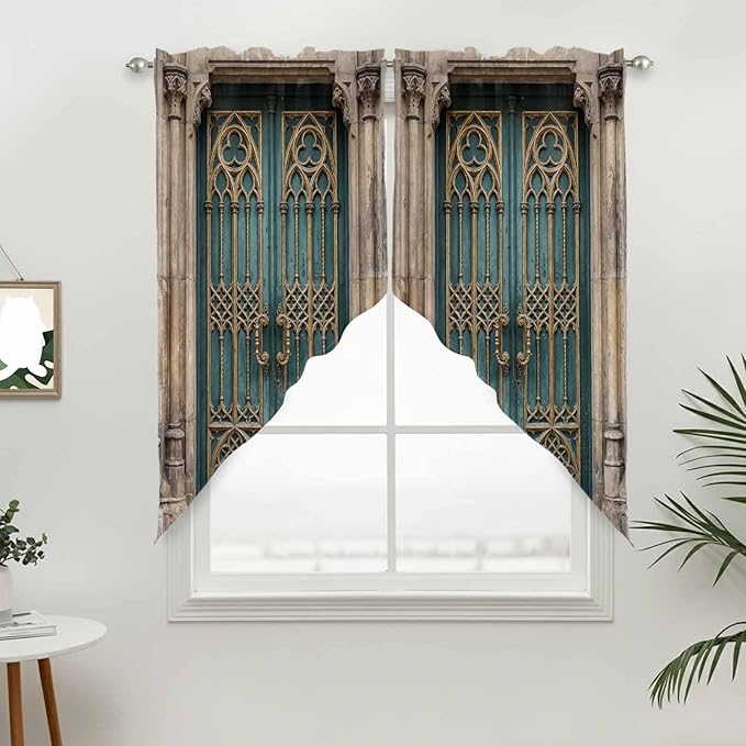 Turquoise Vintage Door Swag Valances for Windows, Countryside Barn Abstract Art Rod Pocket Kitchen Curtains Valance, Small Window Curtains Swag for Cafe Bathroom Living Room, 2 Panels, 28x36 inch