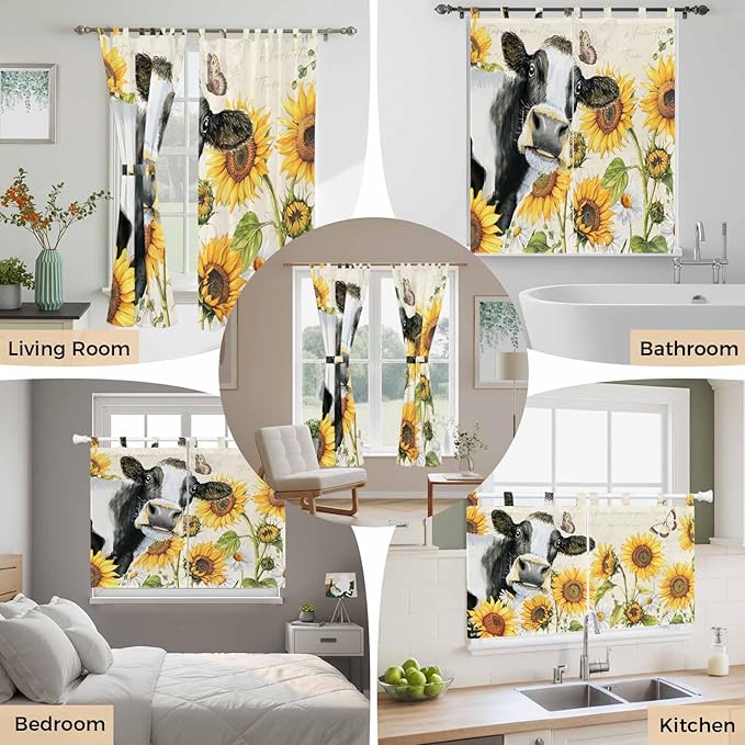 Yellow Sunflowers Bedroom Curtains 63 Inch Length, Window Curtains Tab Top, Country Cow Flower Butterfly Farmhouse Cream Light Filtering Window Treatments Drapes 42"x63" 2 Panel