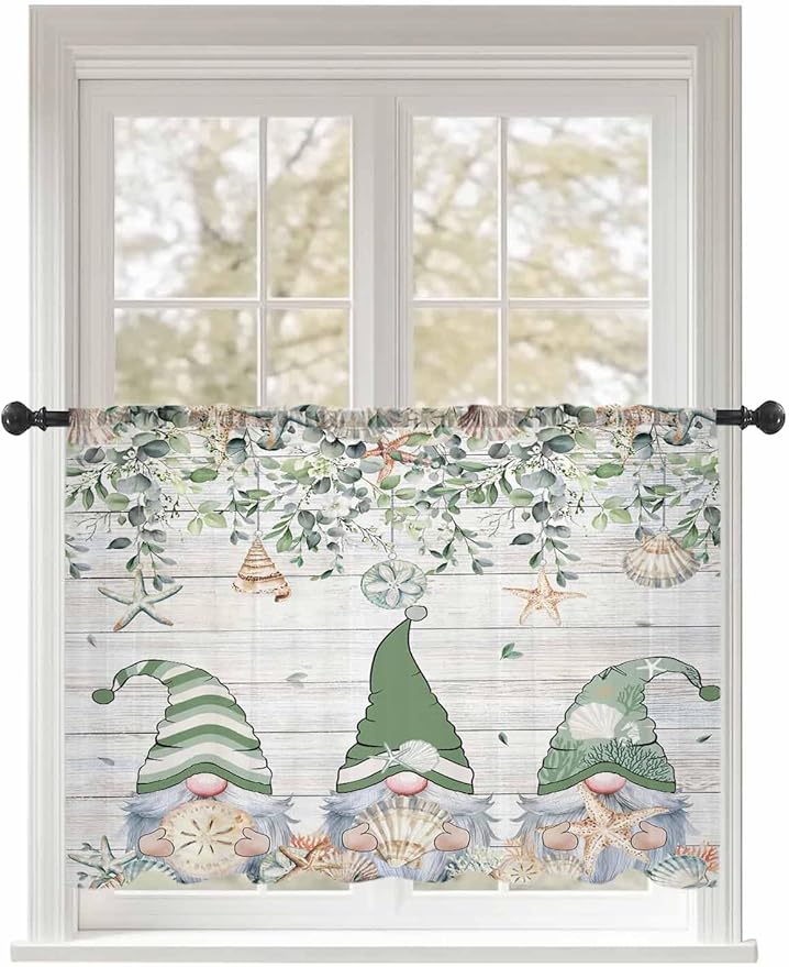 Sheer Curtains 54 Inch Length, Coastal Eucalyptus Leaf Semi Sheer Curtains Light Filtering Window Treatment, Sage Green Gnomes Starfish Privacy Voile Drapes for Living Room Bedroom 52x54 Inch