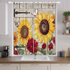 Red Yellow Sunflowers Living Room Curtains 96 Inch Length, Window Curtains Tab Top, Retro Rustic Barn Doors Butterfly Brown Light Filtering Window Treatments Drapes 52"x96" 2 Panel