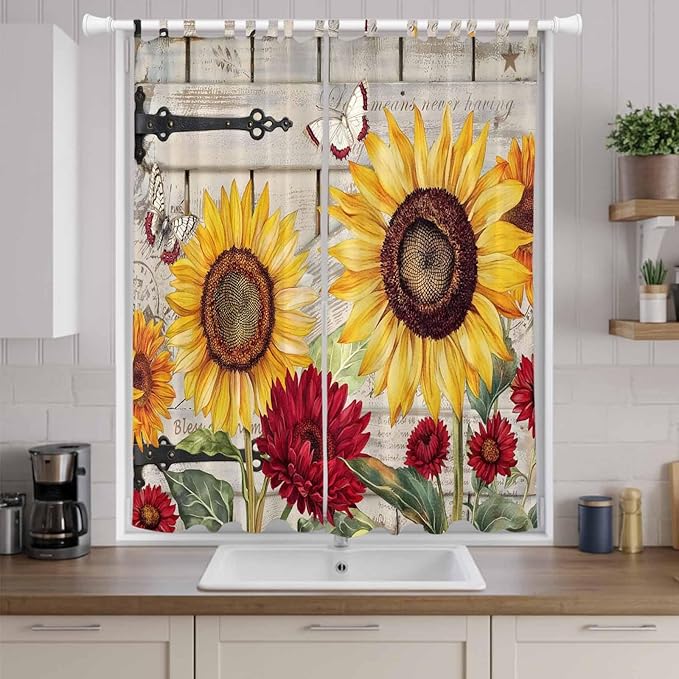 Red Yellow Sunflowers Living Room Curtains 84 Inch Length, Window Curtains Tab Top, Retro Rustic Barn Doors Butterfly Brown Light Filtering Window Treatments Drapes 52"x84" 2 Panel