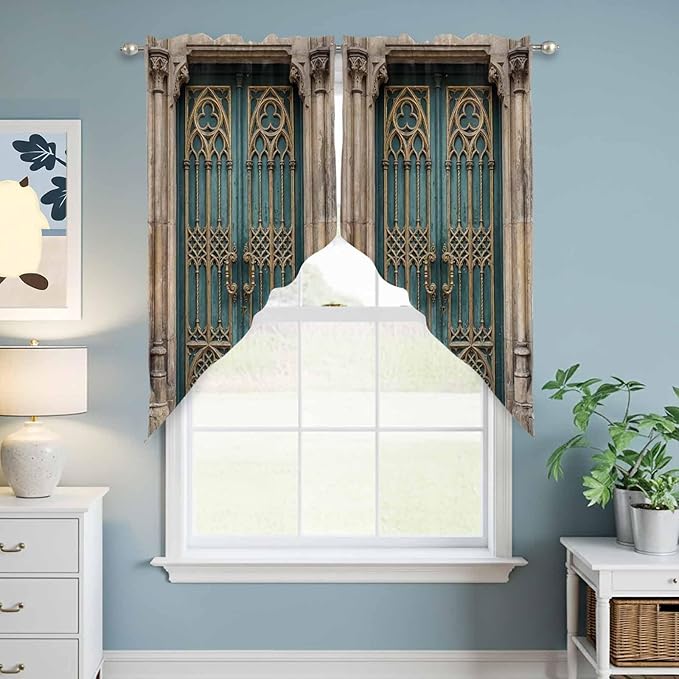 Turquoise Vintage Door Swag Valances for Windows, Countryside Barn Abstract Art Rod Pocket Kitchen Curtains Valance, Small Window Curtains Swag for Cafe Bathroom Living Room, 2 Panels, 36x36 inch